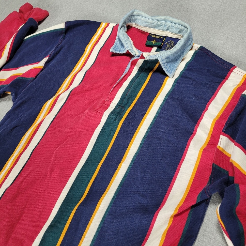 Vintage Rugby Shirt Men's M Vertical‎ Striped Color Block Denim Collar Preppy